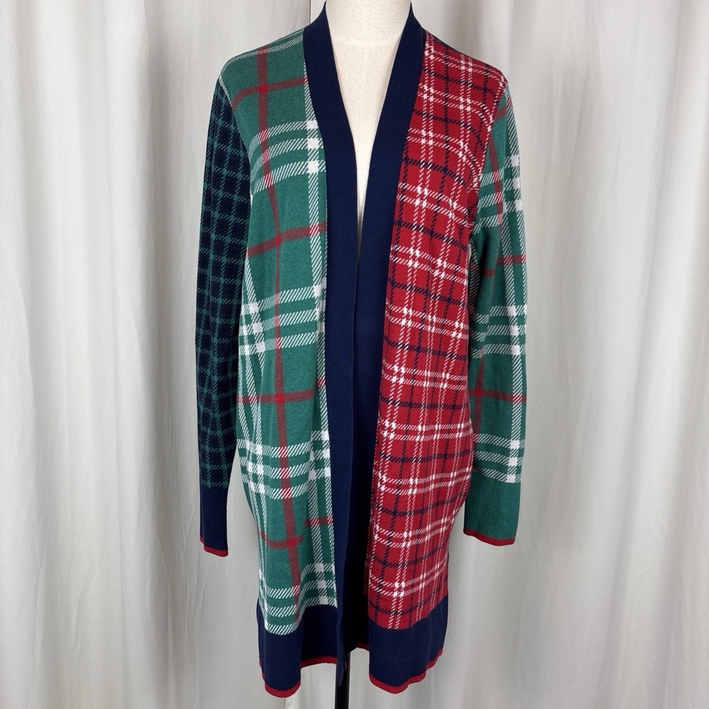 Lands' End Sweater Cotton Sz L 14-16 Red Green Open Cardigan Pockets Christmas